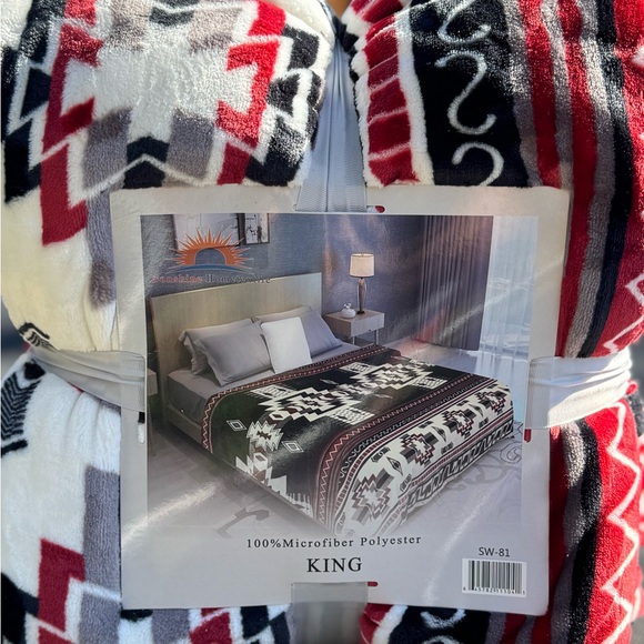 King size super soft Flannel blanket thick southwestern Aztec Red Black white - Picture 2 of 3